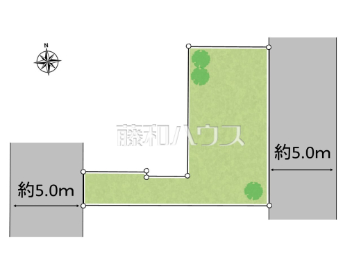 全体区画図　前面道路幅も約5mあるので、全体としての見通しがよく、すれ違いや車を出し入れする際も安心です　　【小平市小川東町５丁目】