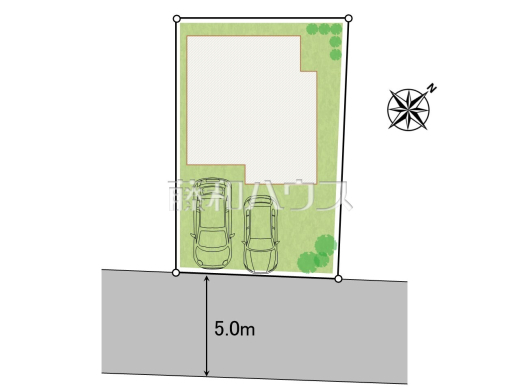 全体区画図　【日野市西平山５丁目】
前面道路幅も５mあるので、全体としての見通しがよく、すれ違いや車を出し入れする際も安心です。　
