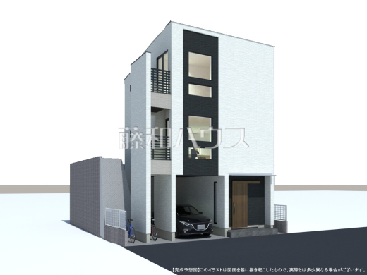 完成予想図（外観）　【日野市三沢３丁目】
ご家族ぞれぞれの思い出と、どこまでも広がる空を独り占め！晴れ渡った青空の袂に、暖かな光に包まれ四季折々の風を感じる、幸せの空間がここに。　