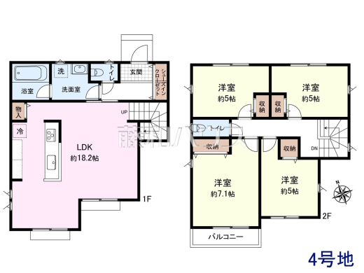 4号地　建物プラン例（間取図）　【日野市石田１丁目】　
[参考プラン] 
建物価格：1,980万円（税込）　建物面積：102.67m&sup2;