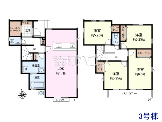 ≪間取図　3号棟≫　4LDK　1階：48.85㎡、2階：49.27㎡、合計：98.12㎡　
使い勝手のよい全居室5.2帖以上・クローゼット付き【新座市石神3丁目】