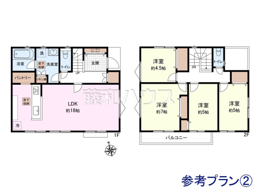 建物プラン例（間取図）　【武蔵野市関前３丁目】　
[参考プラン] 
建物価格：1,600万円（税込）　建物面積：97.2m&sup2;
