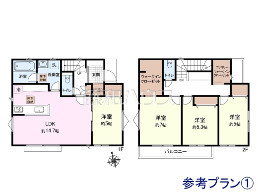 建物プラン例（間取図）　【武蔵野市関前３丁目】　
[参考プラン] 
建物価格：1,600万円（税込）　建物面積：97.2m&sup2;
