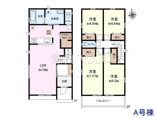 A号地　建物プラン例（間取図）　【清瀬市野塩３丁目】　
[参考プラン] 
建物価格：1,500万円（税込）　建物面積：98.54m&sup2;