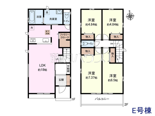 E号地　建物プラン例（間取図）　【清瀬市野塩３丁目】　
[参考プラン] 
建物価格：1,600万円（税込）　建物面積：98.54m&sup2;