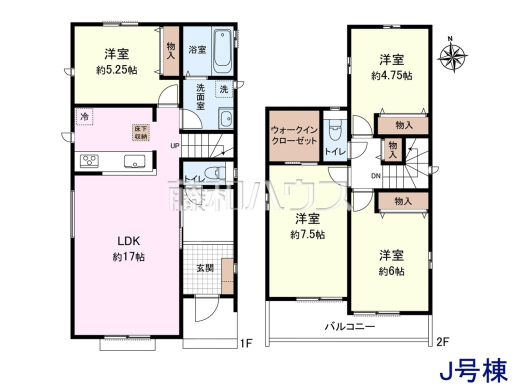 J号地　建物プラン例（間取図）　【清瀬市野塩３丁目】　
[参考プラン] 
建物価格：1,660万円（税込）　建物面積：98.12m&sup2;