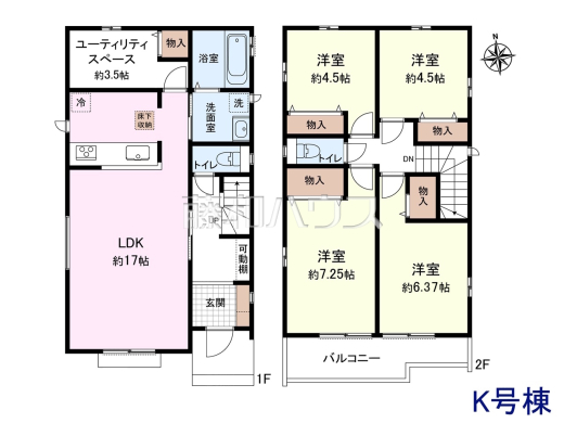 K号地　建物プラン例（間取図）　【清瀬市野塩３丁目】　
[参考プラン] 
建物価格：1,700万円（税込）　建物面積：100.6m&sup2;
