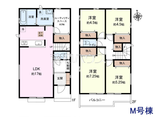 M号地　建物プラン例（間取図）　【清瀬市野塩３丁目】　
[参考プラン] 
建物価格：1,700万円（税込）　建物面積：99.36m&sup2;