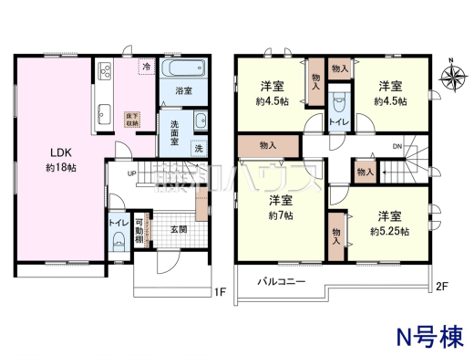 N号地　建物プラン例（間取図）　【清瀬市野塩３丁目】　
[参考プラン] 
建物価格：1,700万円（税込）　建物面積：98.12m&sup2;