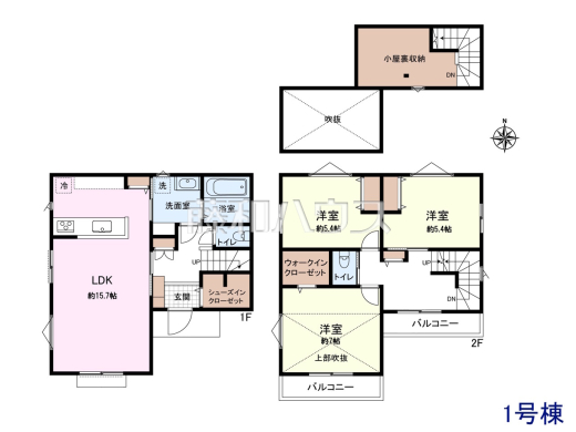 建物プラン例（間取図）　【小金井市桜町１丁目】　
[参考プラン] 
建物価格：1,950万円（税込）　建物面積：87.48m&sup2;