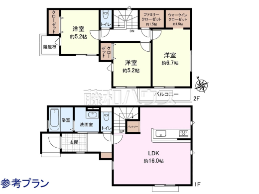 21号地　建物プラン例（間取図）　【東村山市恩多町５丁目】　
[参考プラン] 
建物価格：1,650万円（税込）　建物面積：86.94m&sup2;