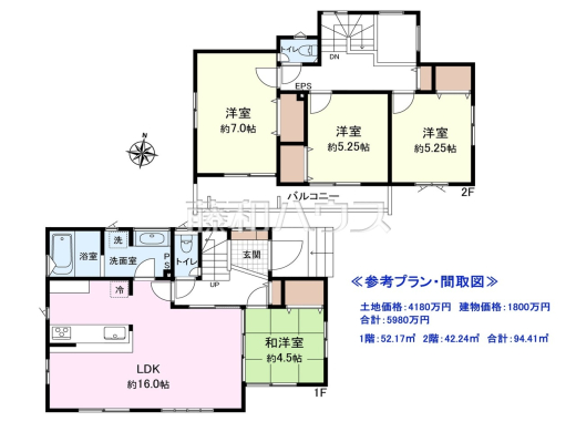 ≪参考プラン・間取図≫ 土地価格：4180万円、建物価格：1800万円、合計：5980万円　　1階：52.17㎡、2階：42.24㎡、合計：94.41㎡ 【東久留米市小山２丁目】　
[参考プラン] 
建物価格：1,800万円（税込）　建物面積：94.41m&sup2;