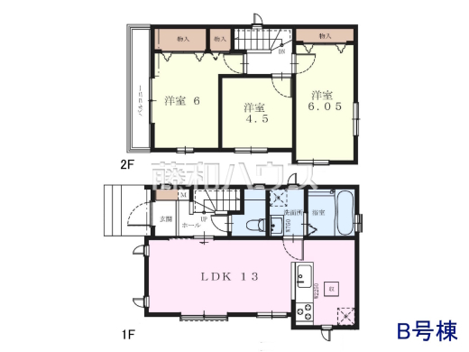 B号地　建物プラン例（間取図）　【小平市上水南町２丁目】　
[参考プラン] 
建物価格：1,102万円（税込）　建物面積：69.97m&sup2;