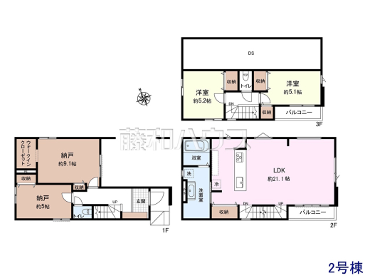 2号地　建物プラン例（間取図）　【調布市国領町１丁目】　
[参考プラン] 
建物価格：3,270万円（税込）　建物面積：110.31m&sup2;
