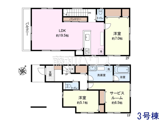 3号地　建物プラン例（間取図）　【調布市仙川町２丁目】　
[参考プラン] 
建物価格：1,760万円（税込）　建物面積：89.88m&sup2;