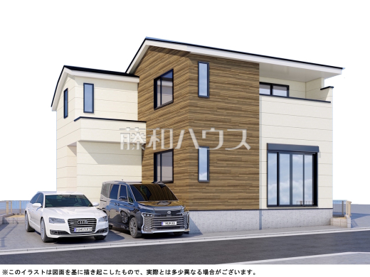 完成予想図（外観）【日野市南平２丁目】
ベージュを基調とした明るめの配色で、柔らかくほっこりとした姿のマイホームです。暖かみのある木目も配し、優しい色使いでコントラストを抑え落ち着きある家を演出。