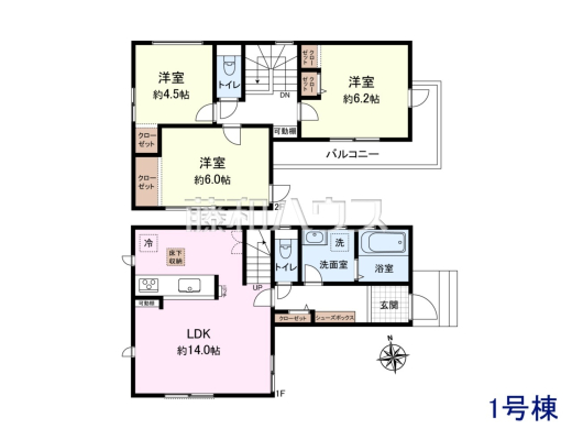 1号棟　間取図　明るさと通風に配慮した2面採光の居室で、一人ひとりのプライベートタイムが充実したものになります！【練馬区大泉学園町５丁目】