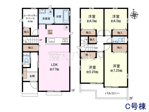 C号地　建物プラン例（間取図）
土地価格3890万円＋建物価格1600万円＝総額5490万円　
[参考プラン] 
建物価格：1,600万円（税込）　建物面積：98.54m&sup2;