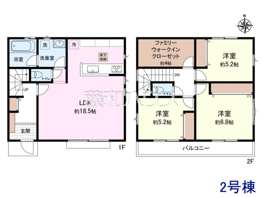 2号地　建物プラン例（間取図）　【小平市仲町】　
[参考プラン] 
建物価格：1,600万円（税込）　建物面積：90.72m&sup2;
