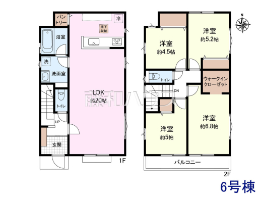 6号地　建物プラン例（間取図）　【小平市仲町】　
[参考プラン] 
建物価格：1,600万円（税込）　建物面積：95.58m&sup2;