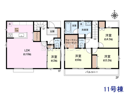 11号地　建物プラン例（間取図）　【小平市仲町】　
[参考プラン] 
建物価格：1,600万円（税込）　建物面積：87.48m&sup2;
