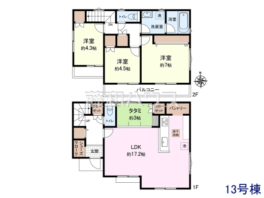 13号地　建物プラン例（間取図）　【小平市仲町】　
[参考プラン] 
建物価格：1,600万円（税込）　建物面積：89.5m&sup2;