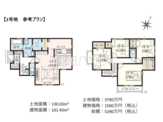 1号地　建物プラン例（間取図）　【立川市砂川町４丁目】　
[参考プラン] 
建物価格：1,500万円（税込）　建物面積：101.43m&sup2;