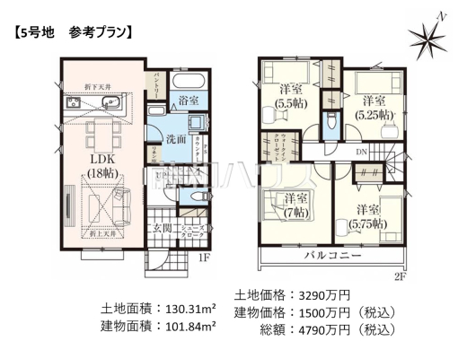 5号地　建物プラン例（間取図）　【立川市砂川町４丁目】　
[参考プラン] 
建物価格：1,500万円（税込）　建物面積：101.84m&sup2;