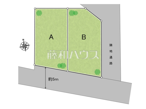 全体区画図　【調布市深大寺北町４丁目】前面道路はゆとりの5m。車の出し入れも楽々です。　