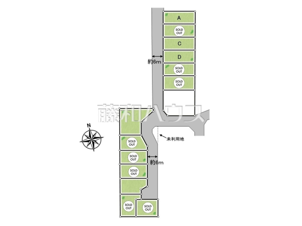 全体区画図　【国分寺市新町１丁目】
前面道路はゆとりの6m。車の出し入れも楽々です。　