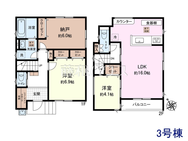 3号棟　間取図　【東久留米市滝山５丁目】 1階よりも光が差し込みやすい2階にリビングを設置することで、明るいリビングを実現！