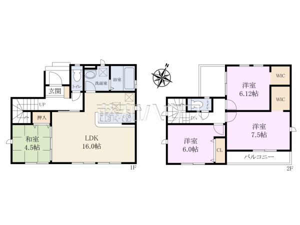 間取図　【日野市日野台２丁目】
16帖のLDK＋4部屋＋WIC×2の充実した間取りです。居室はすべて2面採光のため日当たり・通風良好で心地良い空間になります。