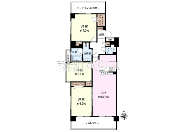 ≪間取図≫ご家族が集うリビングは広さゆったり約15.5帖☆【ダイアパレスリバーサイド府中是政】