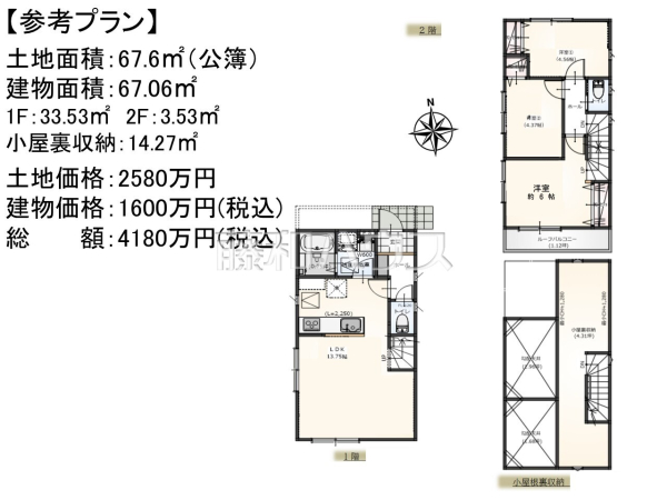 建物プラン例（間取図）　【練馬区西大泉４丁目】　[参考プラン] 建物価格：1,600万円（税込）　建物面積：67.06m²