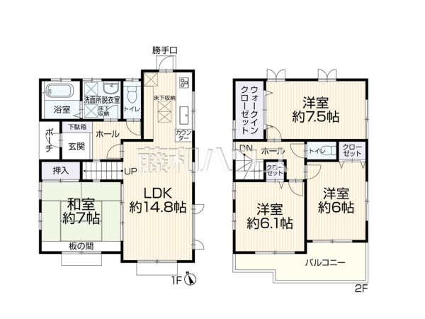 間取図　【日野市三沢】嬉しい４LDKの間取り。居室はすべて６帖以上とゆとりある広さを確保しています。7.5帖の主寝室にはWICを完備！ご家族の荷物もスッキリ片付きます。