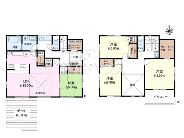 建築条件無しの場合の参考プラン：外構工事一部含む　[参考プラン] 建物価格：2,980万円（税込）　建物面積：127.51m²