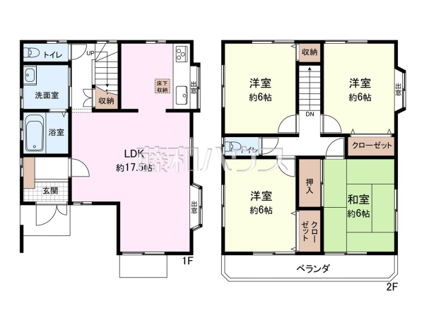 間取図　【新座市新堀１丁目】リビング17帖、２階４部屋、広々とした間取りです。お庭回りはこれから整備してお引渡し致します。