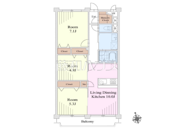 間取図　【カクタス田無マンション】3階部分・南向き！3LDK住戸です