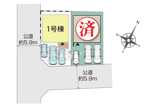 全体区画図　【沖縄市美里仲原町】
3台駐車可能（車種による）な角地にある1号棟