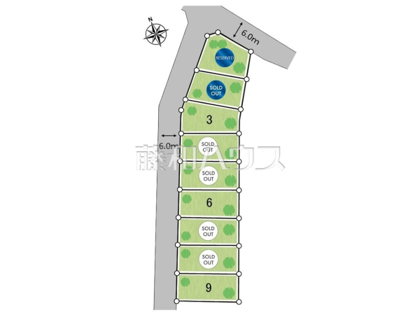 全体区画図　【日野市新町５丁目】
前面道路はゆとりの６m。車の出し入れも楽々です。　