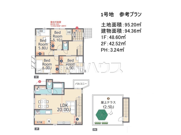 建物プラン例（間取図）　1号地【杉並区久我山４丁目】　[参考プラン] 建物価格：2,425万円（税込）　建物面積：94.36m&sup2;