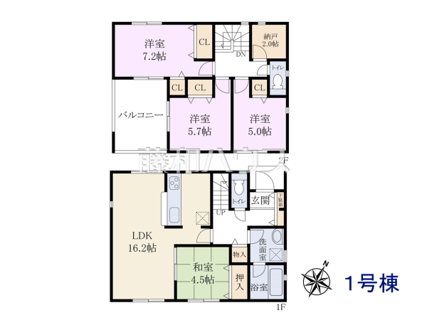 1号棟　間取図　【八王子市大塚】１階に和室があるタイプの4LDKになります。２階の２帖納戸はテレワークスペースとしても使える空間です。