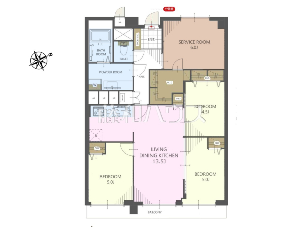間取図　【ひばりヶ丘プラザ】奥行きのあるバルコニー！お洗濯物の多い日でもいっきに干せますね。