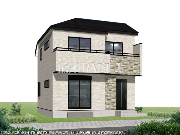 完成予想図（外観）【日野市石田１丁目】
白を基調とした明るめの配色で、柔らかくほっこりとした姿のマイホームです。暖かみのあるタイルも配し、優しい色使いでコントラストを抑え落ち着きある家を演出。