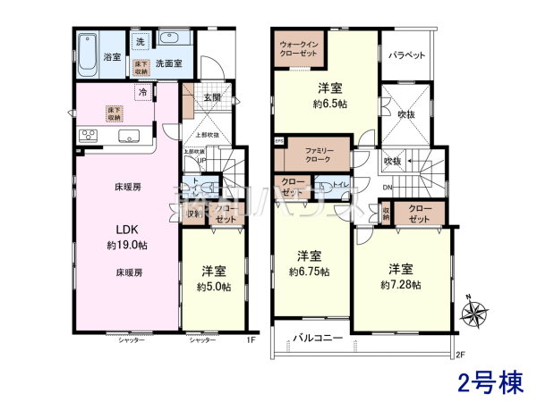 2号棟　間取図　
生活動線の中心となるLDK横にも居室があるため、階段移動の負担を減らし、家族の気配を身近に感じられる設計です。将来的にはワンフロアでの生活も可能となり、長く安心して暮らせる間取りです。