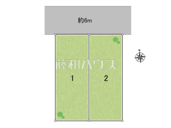 ≪全体区画図≫ 前面道路はゆとりの6m。車の出し入れも楽々です。 【世田谷区喜多見１丁目】