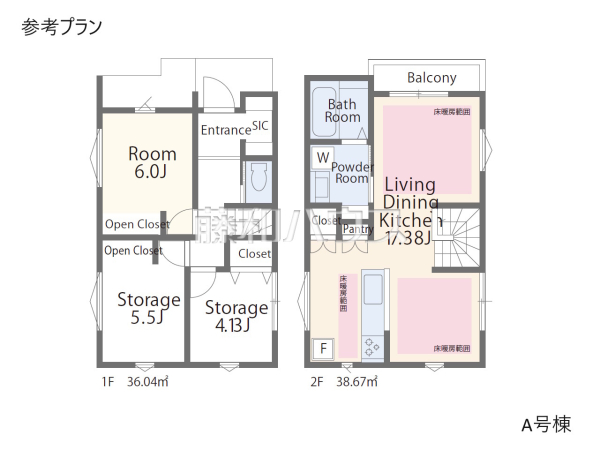 建物プラン例（間取図）　A号棟　建物価格：2000万円（税込）　建物面積：74.71平米【杉並区阿佐谷南１丁目】　[参考プラン] 建物価格：2,000万円（税込）　建物面積：74.71m&sup2;