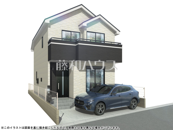 完成予想図（外観）　【日野市多摩平５丁目】
白を基調とした明るめの配色で、柔らかくほっこりとした姿のマイホームです。暖かみのある木目も配し、優しい色使いでコントラストを抑え落ち着きある家を演出.
