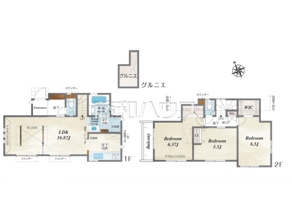 ≪間取図≫全居室南向きで明るく、冬場でも太陽の日差しで室内ぽかぽかです！　【府中市浅間町４丁目】