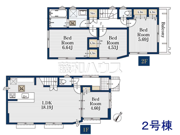 ≪2号棟　間取図≫全居室南向きで明るく、冬場でも太陽の日差しで室内ぽかぽかです！　【府中市住吉町１丁目】